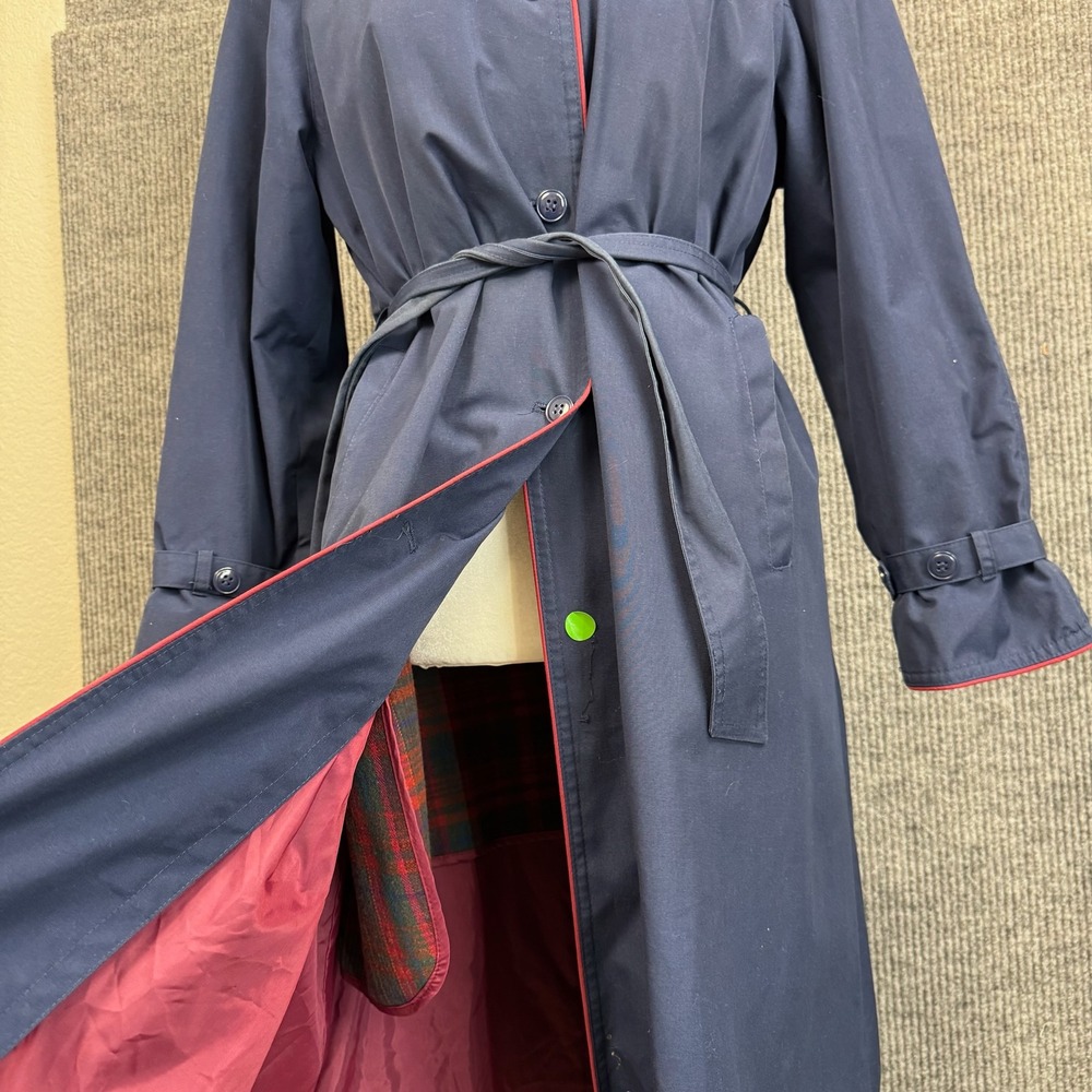 Vtg 80s Partners Mervyns Trench Coat Womens S Petite Plaid Zip Out Liner Hood - Picture 6 of 16